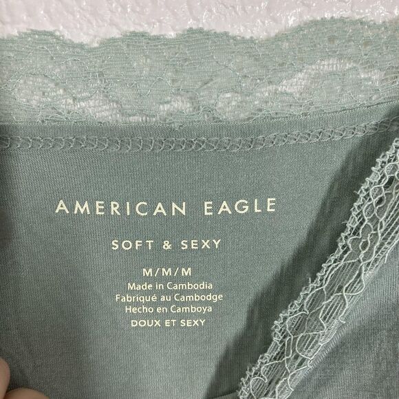 Y2K American Eagle Soft & Sexy Cami Tank Top Medium Green Lace Trim Twist Hem - Picture 8 of 13